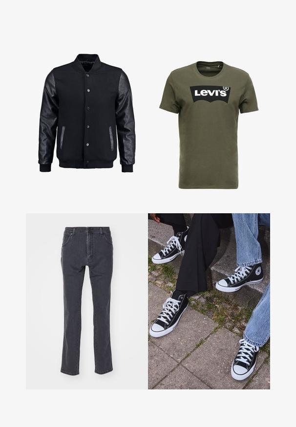 Fekete bomber dzseki gyapjú testtel és bőr ujjal. Jellemzője a felálló gallér, elöl gombos záródás, valamint oldalsó zsebek. Egyszínű, mintázat nélkül.; Olajzöld pamut póló, amelyen egy nagy fekete Levi's logó található az elején. Klasszikus kerek nyakkivágás és rövid ujjak, sima textúrával.; Sötétszürke farmernadrág, egyenes szárú kialakítással, öt zsebével és klasszikus gombos záródással a derekán.; Fekete magas szárú vászon sportcipők fehér gumi talppal és fűzőkkel, az oldalukon kör alakú logóval, farmernadrággal és fekete nadrággal párosítva.