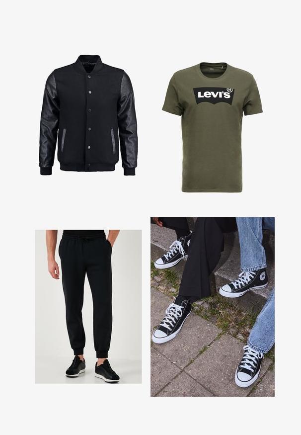 Fekete bomber dzseki gyapjú testtel és bőr ujjal. Jellemzője a felálló gallér, elöl gombos záródás, valamint oldalsó zsebek. Egyszínű, mintázat nélkül.; Olajzöld pamut póló, amelyen egy nagy fekete Levi's logó található az elején. Klasszikus kerek nyakkivágás és rövid ujjak, sima textúrával.; Fekete melegítőnadrág rugalmas derékkal, oldalsó zsebekkel és bokáig szűkített szárakkal. Puha anyagból készült, fekete sportcipőkkel párosítva.; Fekete magas szárú vászon sportcipők fehér gumi talppal és fűzőkkel, az oldalukon kör alakú logóval, farmernadrággal és fekete nadrággal párosítva.
