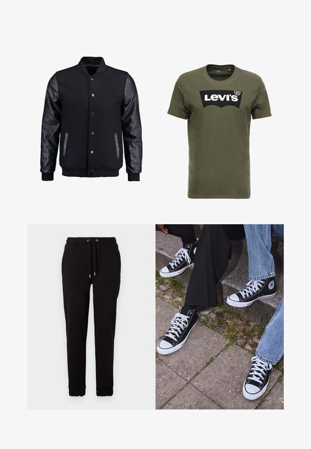 Schwarze Bomberjacke mit Wollkörper und Lederärmeln. Verfügt über einen Stehkragen, vordere Druckknöpfe und Seitentaschen. Einfarbig ohne Muster.; Olivegrünes Baumwoll-T-Shirt mit einem großen schwarzen Levi's-Logo auf der Vorderseite. Klassischer Rundhalsausschnitt und kurze Ärmel, glatte Textur.; Schwarze Sweatpants aus weichem Stoff, mit einem elastischen Bund und Kordelzügen, Seitentaschen und gerafften Bündchen an den Knöcheln.; Schwarzecanvas-Sneaker mit hohem Schaft, weißen Gummisohlen und Schnürsenkeln, die ein rundes Logo an der Seite besitzen und mit Denim- sowie schwarzen Hosen kombiniert sind.