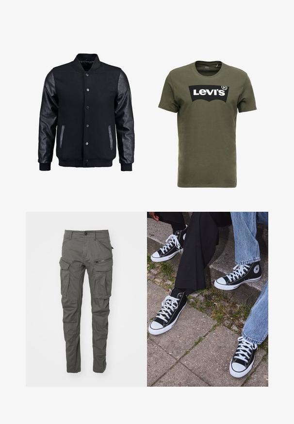Svart bomberjacka med ullkropp och lädersleeves. Har en stående krage, framknappar med tryckknappar och sidofickor. Enfärgad utan mönster.; Olivgrön bomull t-shirt med en stor svart Levi's-logotyp på framsidan. Klassisk rund halsringning och korta ärmar, slät textur.; Grå cargobyxor tillverkade av slitstarkt tyg, med flera fickor, dragkedjedetaljer, knäppning med knapp och en tapered ben-design.; Svarta högtopps kanvasskor med vita gummisulor och snören, med en cirkulär logotyp på sidan och kombinerade med jeans och svarta byxor.