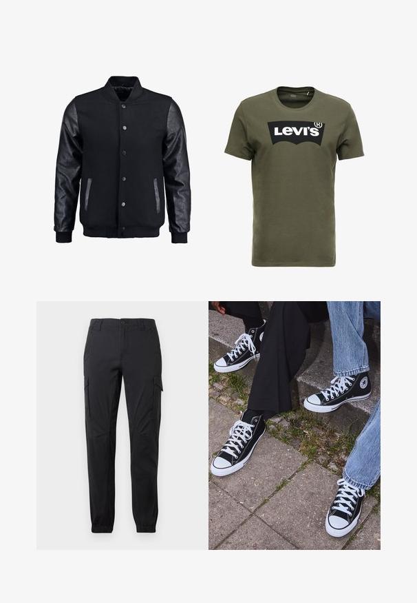 Blouson noir avec corps en laine et manches en cuir. Présente un col montant, des boutons-pression à l'avant et des poches latérales. Couleur unie sans motifs.; T-shirt en coton vert olive avec un grand logo noir Levi's sur le devant. Col rond classique et manches courtes, texture lisse.; Pantalon cargo noir avec poignets élastiques, bouton et fermeture éclair à l'avant, poches à rabat latérales et passants pour ceinture sur fond blanc.; Baskets montantes en toile noires avec semelles et lacets en caoutchouc blancs, arborant un logo circulaire sur le côté et associées à un jean et un pantalon noir.