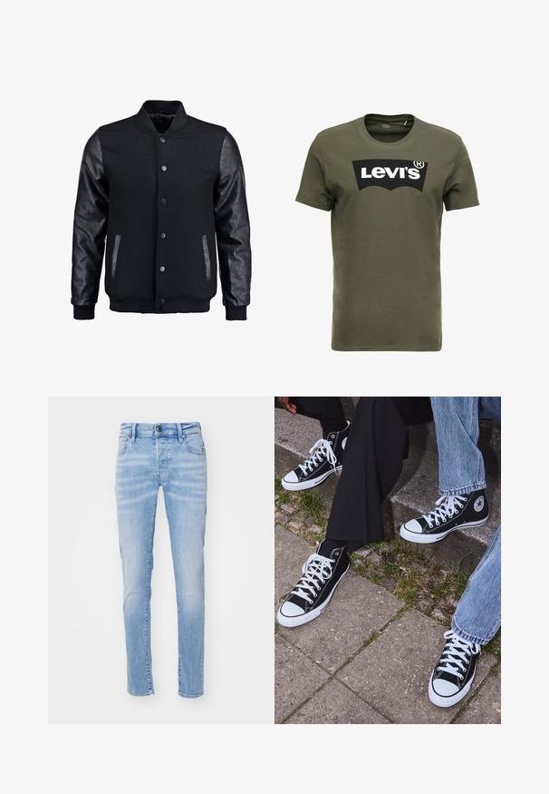Svart bomberjacka med ullkropp och lädersleeves. Har en stående krage, framknappar med tryckknappar och sidofickor. Enfärgad utan mönster.; Olivgrön bomull t-shirt med en stor svart Levi's-logotyp på framsidan. Klassisk rund halsringning och korta ärmar, slät textur.; Ljusblå denimjeans med slim fit, som har en femficksdesign, bälteshällor och knappstängning. Tyget har en mjuk textur.; Svarta högtopps kanvasskor med vita gummisulor och snören, med en cirkulär logotyp på sidan och kombinerade med jeans och svarta byxor.