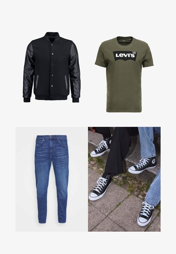 Black bomber jacket with wool body and leather sleeves. Features a standing collar, front snap buttons, and side pockets. Solid color with no patterns.; Olive green cotton t-shirt featuring a large black Levi's logo on the front. Classic crewneck and short sleeves, smooth texture.; Dark blue denim jeans with a tapered fit, featuring five pockets, a button closure, and subtle fading on the thighs. Smooth texture.; Black high-top canvas sneakers with white rubber soles and laces, featuring a circular logo on the side and paired with denim and black pants.