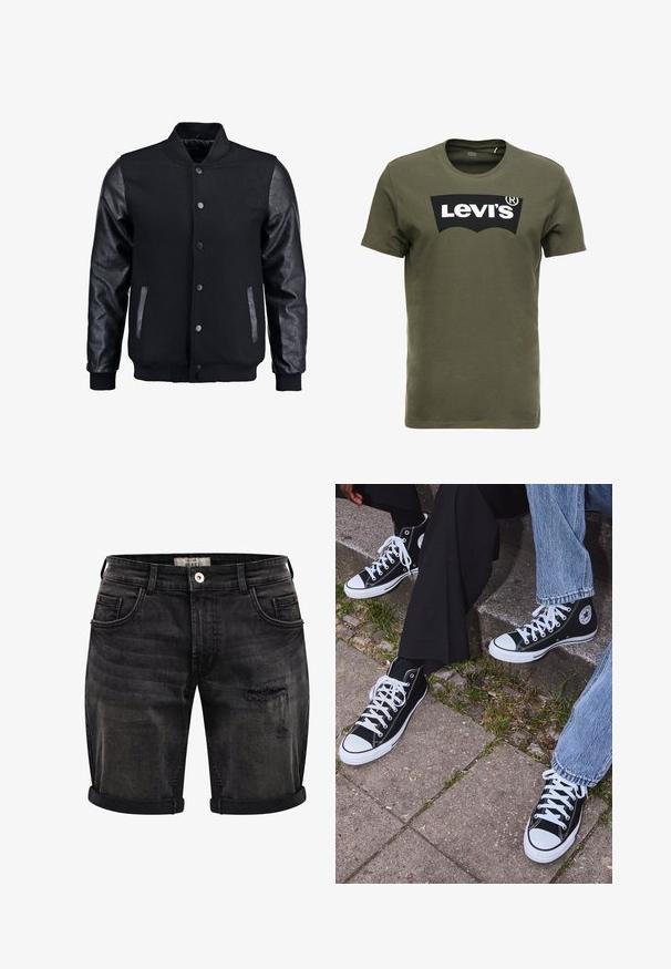 Črna bomberska jakna z volnenim telesom in usnjenimi rokavi. Ima stoječ ovratnik, sprednje snemljive gumbe in stranske žepke. Enobarvna, brez vzorcev.; Olivno zelena bombažna majica s kratkimi rokavi, ki na sprednji strani nosi velik črn logotip Levi's. Klasičen kroj z okroglim izrezom in gladka tekstura.; Črne denim kratke hlače z obrabljenim videzom, ki imajo zvite robove, pet-torbični dizajn in subtilno zbledenje za teksturo in detajle.; Črne visoke platnene teniske z belimi gumijastimi podplati in vezalkami, z ovalnim logotipom na strani, v kombinaciji z džinsom in črnimi hlačami.