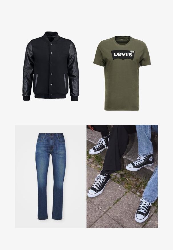 Črna bomberska jakna z volnenim telesom in usnjenimi rokavi. Ima stoječ ovratnik, sprednje snemljive gumbe in stranske žepke. Enobarvna, brez vzorcev.; Olivno zelena bombažna majica s kratkimi rokavi, ki na sprednji strani nosi velik črn logotip Levi's. Klasičen kroj z okroglim izrezom in gladka tekstura.; Temne modre kavbojke slim fit s klasičnim pet žepnim oblikovanjem, z zadrgo in gumbom za zapiranje ter diskretnim zbledelostmi.; Črne visoke platnene teniske z belimi gumijastimi podplati in vezalkami, z ovalnim logotipom na strani, v kombinaciji z džinsom in črnimi hlačami.