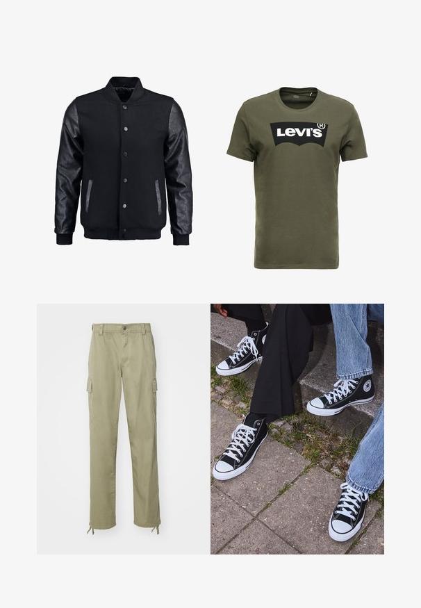 Sort bomberjakke med uldkrop og læderærmer. Har en stående krave, frontknapper og sidelommer. Ensfarvet uden mønstre.; Oliven grøn bomulds t-shirt med et stort sort Levi's logo på forsiden. Klassisk rund hals og korte ærmer, glat tekstur.; Khaki cargo bukser lavet af bomuld, med elastisk talje, to sidelommer og snore ved anklerne.; Sorte høje canvas sneakers med hvide gummisåler og snørebånd, prydet med et cirkulært logo på siden og parret med denim og sorte bukser.