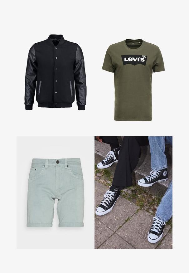 Blouson noir avec corps en laine et manches en cuir. Présente un col montant, des boutons-pression à l'avant et des poches latérales. Couleur unie sans motifs.; T-shirt en coton vert olive avec un grand logo noir Levi's sur le devant. Col rond classique et manches courtes, texture lisse.; Shorts en denim bleu clair avec un ourlet roulé, présentant des poches avant et une fermeture à bouton noir unique à la taille. Texture lisse.; Baskets montantes en toile noires avec semelles et lacets en caoutchouc blancs, arborant un logo circulaire sur le côté et associées à un jean et un pantalon noir.