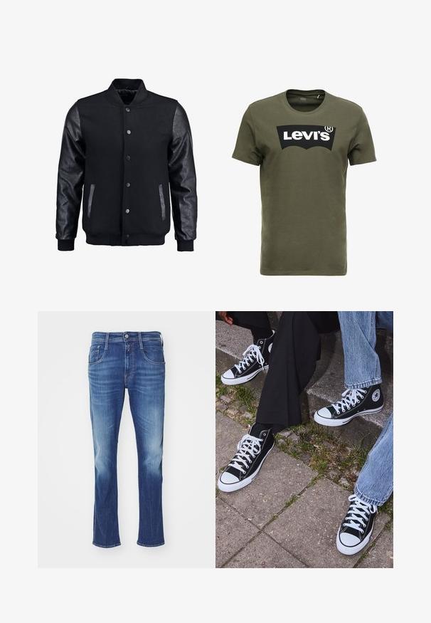 Črna bomberska jakna z volnenim telesom in usnjenimi rokavi. Ima stoječ ovratnik, sprednje snemljive gumbe in stranske žepke. Enobarvna, brez vzorcev.; Olivno zelena bombažna majica s kratkimi rokavi, ki na sprednji strani nosi velik črn logotip Levi's. Klasičen kroj z okroglim izrezom in gladka tekstura.; Modri jeans iz denima z zbledelimi detajli, petimi žepi ter sprednjim gumbom in zadrgo, prikazani na beli podlagi.; Črne visoke platnene teniske z belimi gumijastimi podplati in vezalkami, z ovalnim logotipom na strani, v kombinaciji z džinsom in črnimi hlačami.