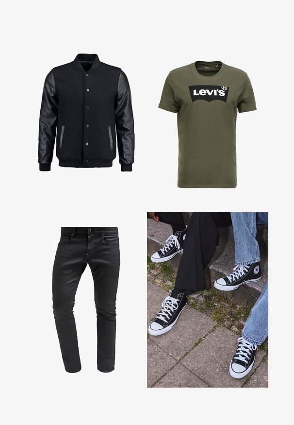 Black bomber jacket with wool body and leather sleeves. Features a standing collar, front snap buttons, and side pockets. Solid color with no patterns.; Olive green cotton t-shirt featuring a large black Levi's logo on the front. Classic crewneck and short sleeves, smooth texture.; Black denim jeans with a slim fit, featuring a zipper fly, five-pocket design, and subtle texture for a refined appearance.; Black high-top canvas sneakers with white rubber soles and laces, featuring a circular logo on the side and paired with denim and black pants.