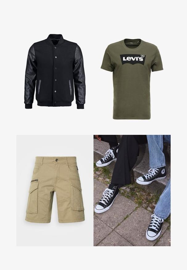 Mustmust on musta jope, millel on villane keha ja nahkvarrukad. Omab seisvat kraed, esisiidme nööpe ja küljetaskuid. Ühtlane värv, ilma mustriteta.; Oliivroheline puuvillane T-särk, mille esiküljel on suur must Levi's logo. K klassikaline ümmargune kaelus ja lühikesed varrukad, sile tekstuur.; Bežid cargo lühikesed püksid, mis on valmistatud vastupidavast kangast, mitme tasku, lukuga küljetasku ja õmblustega kaunistuste abil. Tavaline vöökoht koos nööbiga.; Mustad musta värvi kõrged kanvasist tossud valgete kummitaldade ja nööridega, külgedel ringikujuline logo ning kombineeritud denimist ja mustade pükstega.