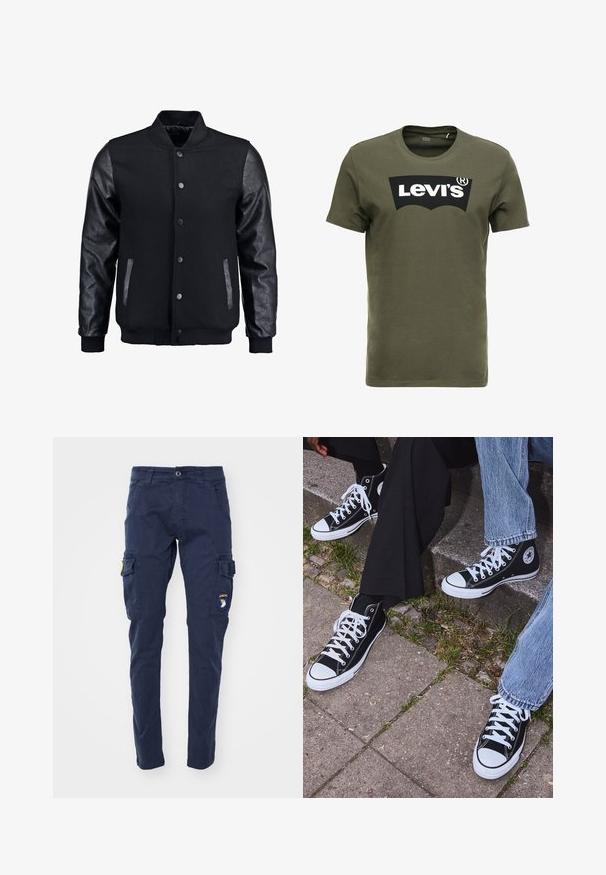 Zwarte bomberjack met een wollen lichaam en leren mouwen. Voorzien van een staande kraag, drukknopen aan de voorkant en zijkanten. Effen kleur zonder patronen.; Olijfgroen katoenen T-shirt met een groot zwart Levi's-logo op de voorkant. Klassieke ronde hals en korte mouwen, gladde textuur.; Alpha Industries PETROL PATCH - Cargobroek - ultra navy; Zwarte canvas sneakers met hoge schacht, witte rubberen zolen en veters, met een cirkelvormig logo aan de zijkant, gecombineerd met denim en zwarte broeken.