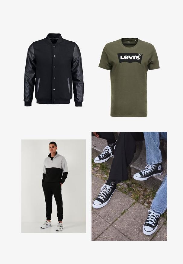 Juodas bomberio tipo švarkas su vilnoniu korpusu ir odinėmis rankovėmis. Savybės: stovintis apykaklė, priekiniai spaudiniai mygtukai ir šoniniai kišenės. Vienodos spalvos, be raštų.; Olive spalvos medvilnės marškinėliai su dideliu juodu „Levi's“ logotipu priekyje. Klasikinis apvalus kaklas ir trumpi rankovės, glotni tekstūra.; Juodas ir pilkas zip-up džemperis su aukštu apykakle, derinamas su juodais džinsais ir baltais sportiniais batais. Sklandžios tekstūros, laisvas kirpimas.; Juoda aukšta avalynė iš kanvos su baltais guminiais padais ir raišteliais, su apvaliu logotipu šone, derinama su džinsais ir juodomis kelnėmis.