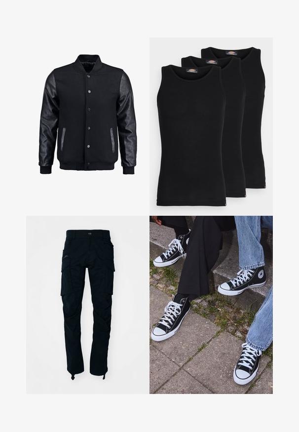 Schwarze Bomberjacke mit Wollkörper und Lederärmeln. Verfügt über einen Stehkragen, vordere Druckknöpfe und Seitentaschen. Einfarbig ohne Muster.; Schwarze Tanktops im Dreierpack. Gerippte Textur, klassischer Rundhalsausschnitt, ohne Ärmel. Der Saum hat am unteren Ende ein kleines Markenlogo.; Schwarze Cargo-Hosen aus Baumwolle, ausgestattet mit mehreren Seitentaschen, einer Reißverschluss-Tasche und einem geraden Bein-Design mit verstellbaren Knöchelriemen.; Schwarzecanvas-Sneaker mit hohem Schaft, weißen Gummisohlen und Schnürsenkeln, die ein rundes Logo an der Seite besitzen und mit Denim- sowie schwarzen Hosen kombiniert sind.