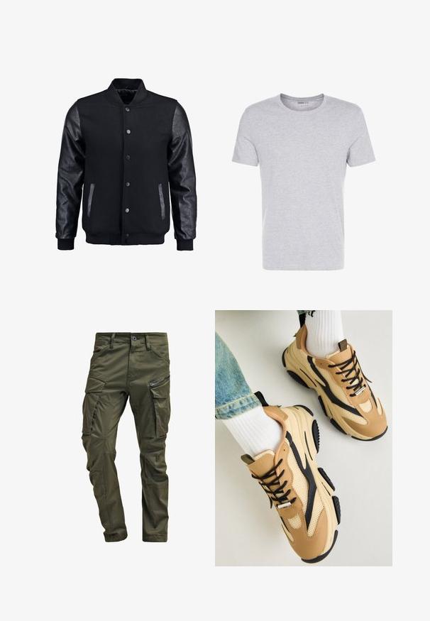 Fekete bomber dzseki gyapjú testtel és bőr ujjal. Jellemzője a felálló gallér, elöl gombos záródás, valamint oldalsó zsebek. Egyszínű, mintázat nélkül.; Szürke pamut póló kerek nyakkivágással, rövid ujjakkal és sima dizájnnal, puha, sima textúrával, látható minták vagy díszítések nélkül.; Olíva zöld cargo nadrág, erős pamutból készült. Több zsebbel, egy cipzáras oldalzsebbel és enyhén texturált felülettel ellátott, a szárai felé szűkülnek.; Steve Madden POSSESS - Sportcipő - khaki