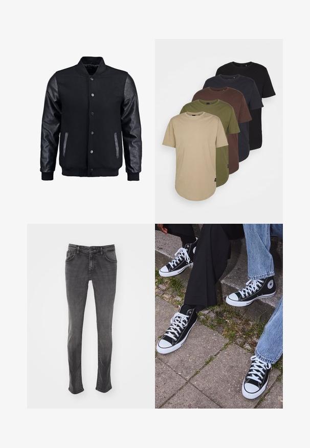 Musta pommittaja takki, jossa villakangasrunko ja nahkahihat. Varustettu pystykovalla, etupainonapeilla ja sivutaskuilla. Yksivärinen, ilman kuvioita.; Viisi t-paitaa järjestettynä gradienttiväreissä: beige, oliivi, ruskea, tummansininen ja musta. Valmistettu pehmeästä puuvillasta, lyhyillä hihoilla ja pyöreällä kauluksella.; Harmaat denimi fark tasarımı, düz bacaklı, beş cepli ve hafif solmuş. Düğme kapama ve kemer halkaları mevcuttur.; Mustat korkeat kangaslenkkarit, joissa on valkoiset kumipohjat ja nauhat, sivussa on pyöreä logo, ja ne on yhdistetty farkkuihin ja mustiin housuihin.