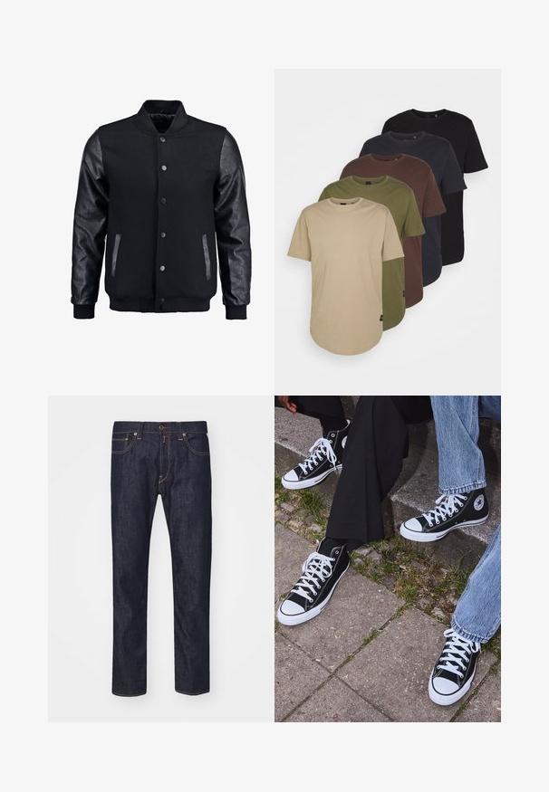 Chaqueta bomber negra con cuerpo de lana y mangas de cuero. Cuenta con un cuello alzado, botones de presión en el frente y bolsillos laterales. Color sólido sin patrones.; Cinco camisetas dispuestas en colores degradados: beige, oliva, marrón, azul oscuro y negro. Hechas de suave algodón, con mangas cortas y cuello redondo.; Jeans de denim azul oscuro con un corte recto, que cuentan con costuras naranjas, bolsillos frontales y un cierre de botón en la cintura.; Zapatillas de lona negras de caña alta con suelas y cordones de goma blanca, con un logo circular en el lado, combinadas con unos pantalones de mezclilla y negros.