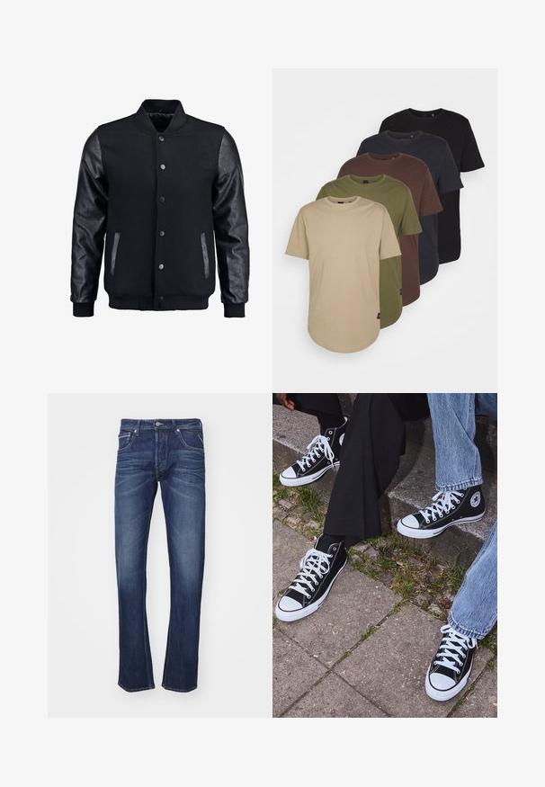 Crna bomber jakna s vunenim tijelom i kožnim rukavima. Ima stojeći ovratnik, prednje dugmadi na snap i bočne džepove. Jednobojna bez uzoraka.; Pet majica raspoređenih u gradijentnim bojama: bež, maslinasta, smeđa, tamnoplava i crna. Izrađene od mekog pamuka, kratkih rukava i okruglog izreza.; Tamno plave traperice s ravnim nogavicama, s blagim izbljeđenjem, pet džepova i kopčanjem na dugme s metalnim akcentom.; Crne visoke platnene tenisice s bijelim gumama i vezicama, sa kružnim logom sa strane, u kombinaciji s trapericama i crnim hlačama.