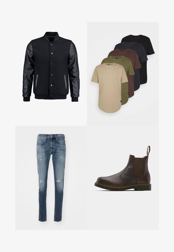 Czarna kurtka bombowca z wełnianym korpusem i skórzanymi rękawami. Posiada stójkę, zapięcie na napy z przodu i boczne kieszenie. Jednolity kolor, bez wzorów.; Pięć koszulek ułożonych w gradientowych kolorach: beżowym, oliwkowym, brązowym, ciemnoniebieskim i czarnym. Wykonane z miękkiej bawełny, mają krótkie rękawy i okrągły dekolt.; Replay WILLBI niebieski denim; Brązowy skórzany botek Chelsea z elastycznymi bocznymi panelami, teksturowanym obcasem i kontrastowym żółtym szwem. Wyposażony w pętelkę ułatwiającą zakładanie.