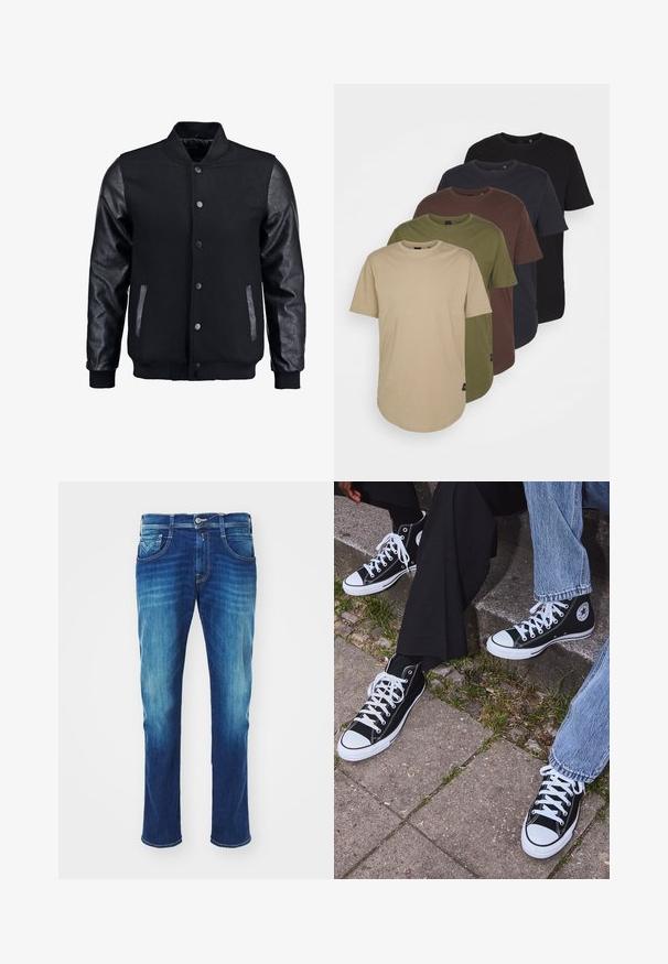Čierna bomber bunda s vlneným telom a koženými rukávmi. Má stojačikový golier, predné patentky a bočné vrecká. Jednofarebná bez vzorov.; Päť tričiek usporiadaných v gradientných farbách: béžová, olivová, hnedá, tmavomodrá a čierna. Vyrobené z mäkkej bavlny s krátkymi rukávmi a okrúhlym výstrihom.; Replay ANBASS PANTS - Slimfit džínsy - medium blue; Čierne vysoké plátenné tenisky s bielymi gumovými podrážkami a šnúrkami, s okrúhlym logom na boku, skombinované s džínsami a čiernymi nohavicami.