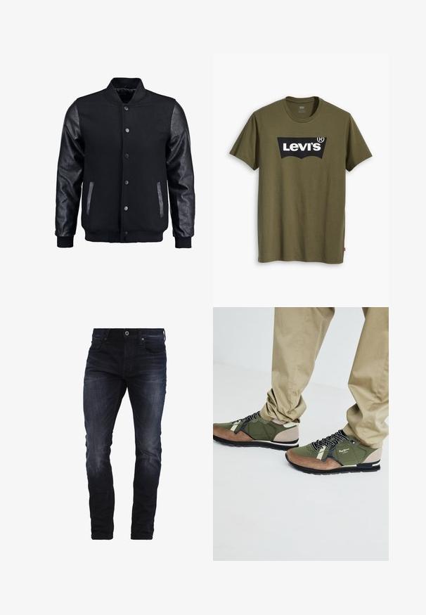 Svart bomberjacka med ullkropp och lädersleeves. Har en stående krage, framknappar med tryckknappar och sidofickor. Enfärgad utan mönster.; Olivgrön bomullst-shirt med en stor svart Levi's-logotyp i en kontrasterande halvbåge över bröstet. Normal passform.; Mörkblå slim-fit jeans med lätt blekning på låren och knäna, med framfickor, bältesloopar och knappstängning.; Gröna och bruna sportskor med mocka- och nylonmaterial, med svarta snören, ett mönstrat design och en gummisula.