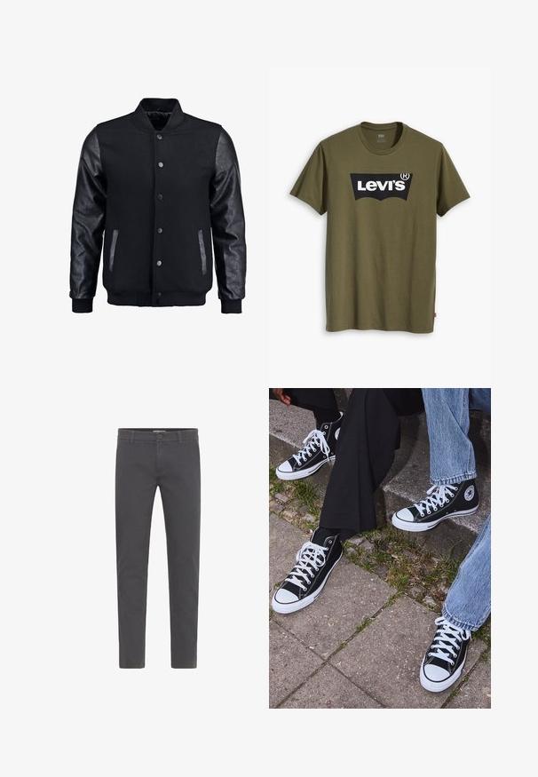 Blouson noir avec corps en laine et manches en cuir. Présente un col montant, des boutons-pression à l'avant et des poches latérales. Couleur unie sans motifs.; T-shirt en coton vert olive avec un grand logo Levi's noir en forme semi-arquée contrastante sur la poitrine. Coupe régulière.; Pantalons gris, ajustés, fabriqués en coton doux. Dotés d'une fermeture à bouton, de passants de ceinture et d'un design épuré et contemporain. Sans motifs visibles.; Baskets montantes en toile noires avec semelles et lacets en caoutchouc blancs, arborant un logo circulaire sur le côté et associées à un jean et un pantalon noir.