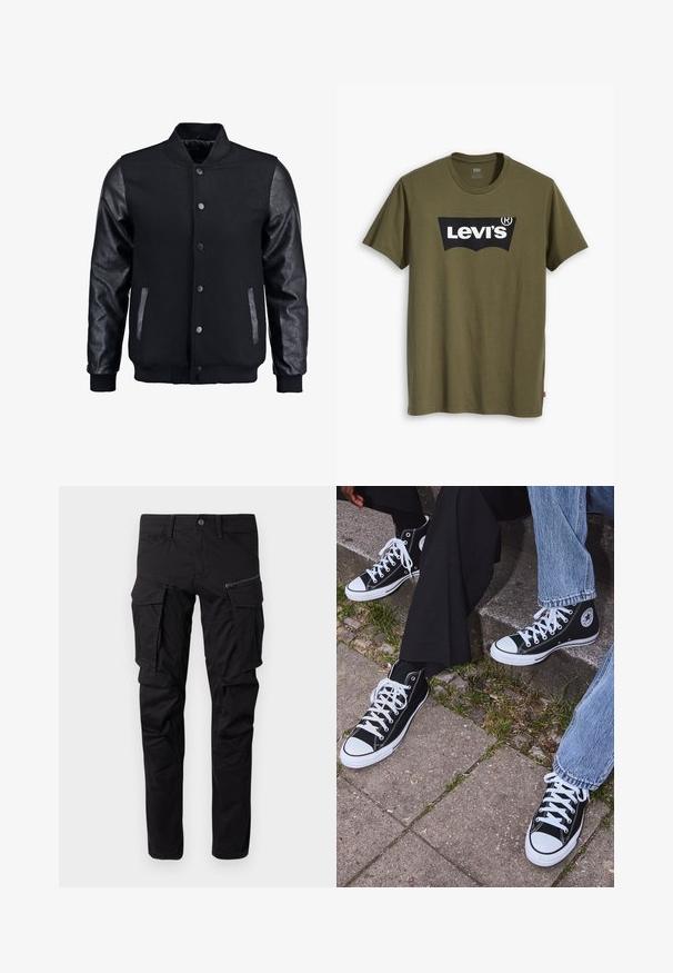 Svart bomberjakke med ullkropp og lærærmer. Har stående krage, fronttrykkknapper og sidelommer. Enfarget uten mønstre.; Olivengrønn bomulls-t-skjorte med en stor svart Levi's-logo i en kontrasterende, halvbuet form over brystet. Normal passform.; Sorte cargo-bukser laget av slitesterkt stoff, med flere sidelommer, en glidelåslomme, tapered ben og forsterkede sømmer.; Sorte høyre sneakers i kanvas med hvite gummisåler og snøringer, med et rundt logo på siden og kombinert med denim og sorte bukser.