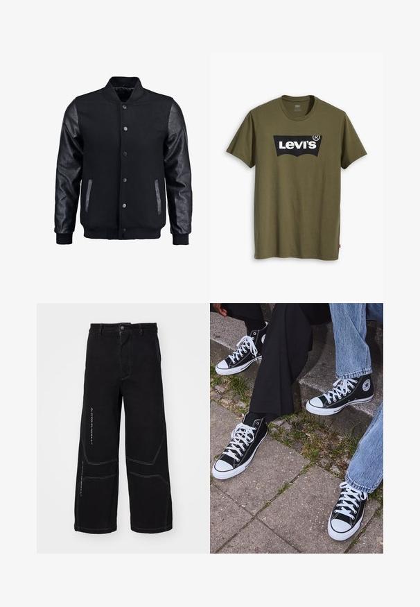 Čierna bomber bunda s vlneným telom a koženými rukávmi. Má stojačikový golier, predné patentky a bočné vrecká. Jednofarebná bez vzorov.; Olívovo zelené bavlnené tričko s veľkým čiernym logom Levi's v kontrastnom polkruhovom tvare cez hrudník. Regular fit.; Čierne široké džínsy vyrobené z denimu, s kontrastným bielym šitím a geometrickými detailmi. Predné zapínanie na gombík s vreckami.; Čierne vysoké plátenné tenisky s bielymi gumovými podrážkami a šnúrkami, s okrúhlym logom na boku, skombinované s džínsami a čiernymi nohavicami.