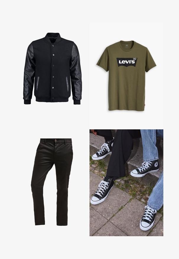 Blouson noir avec corps en laine et manches en cuir. Présente un col montant, des boutons-pression à l'avant et des poches latérales. Couleur unie sans motifs.; T-shirt en coton vert olive avec un grand logo Levi's noir en forme semi-arquée contrastante sur la poitrine. Coupe régulière.; Topman BUXTON - Chino - black; Baskets montantes en toile noires avec semelles et lacets en caoutchouc blancs, arborant un logo circulaire sur le côté et associées à un jean et un pantalon noir.