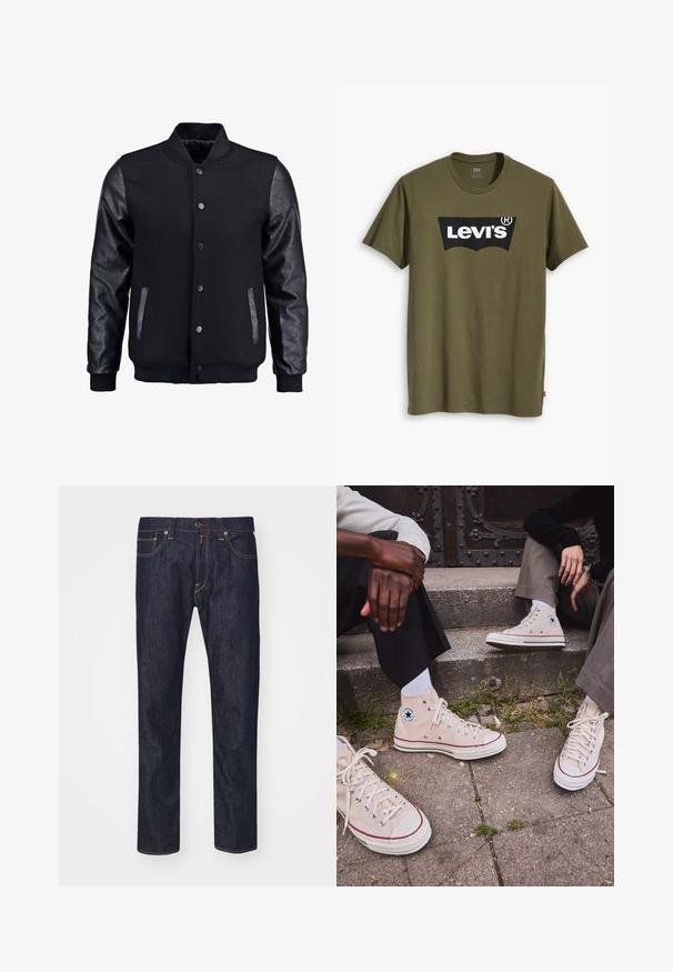 Black bomber jacket with wool body and leather sleeves. Features a standing collar, front snap buttons, and side pockets. Solid color with no patterns.; Olive green cotton t-shirt featuring a large black Levi's logo in a contrasting semi-arched shape across the chest. Regular fit.; Dark blue denim jeans with a straight fit, featuring orange stitching, front pockets, and a button closure at the waist.; High-top beige canvas sneakers with red stripe, white rubber sole, and metal eyelets, featuring iconic star logo on the side.