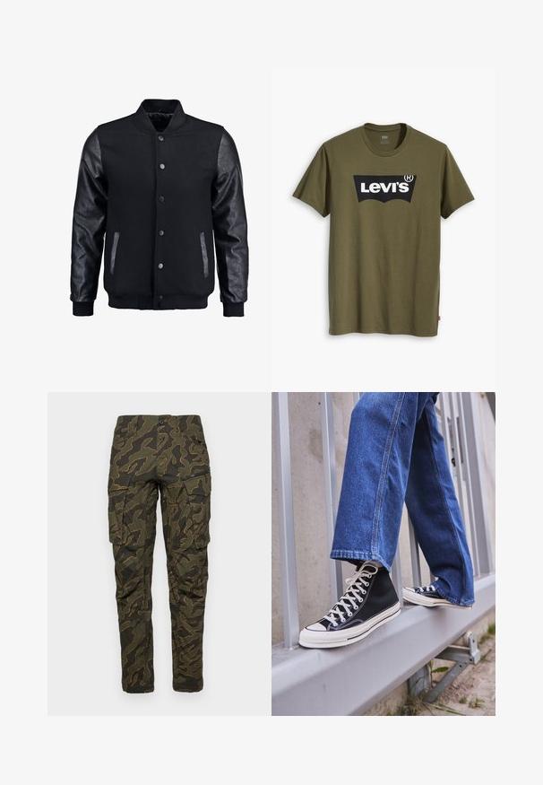 Schwarze Bomberjacke mit Wollkörper und Lederärmeln. Verfügt über einen Stehkragen, vordere Druckknöpfe und Seitentaschen. Einfarbig ohne Muster.; Olivgrünes Baumwoll-T-Shirt mit großem schwarzem Levi's-Logo in einer kontrastierenden, halbkreisförmigen Form über der Brust. Normale Passform.; Cargo-Hosen in Dunkelgrün mit einem braunen Camouflage-Muster, ausgestattet mit mehreren Taschen und Reißverschlüssen. Hergestellt aus strapazierfähigem Stoff, taillierte Passform.; Schwarze High-Top-Sneaker mit weißer Sohle und Schnürsenkeln, kombiniert mit lockeren blauen Jeans, die auf einem grauen Geländer ruhen.