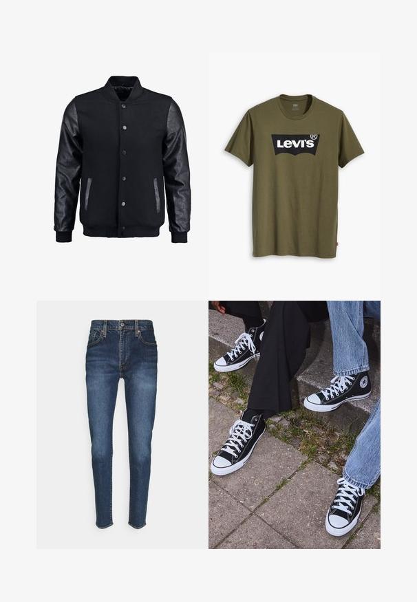 Black bomber jacket with wool body and leather sleeves. Features a standing collar, front snap buttons, and side pockets. Solid color with no patterns.; Olive green cotton t-shirt featuring a large black Levi's logo in a contrasting semi-arched shape across the chest. Regular fit.; Dark blue denim jeans with a fitted design, featuring five pockets, a front button closure, and orange stitching accents.; Black high-top canvas sneakers with white rubber soles and laces, featuring a circular logo on the side and paired with denim and black pants.