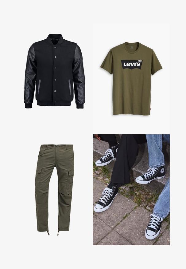 Black bomber jacket with wool body and leather sleeves. Features a standing collar, front snap buttons, and side pockets. Solid color with no patterns.; Olive green cotton t-shirt featuring a large black Levi's logo in a contrasting semi-arched shape across the chest. Regular fit.; Olive green cargo pants with a loose fit, made from durable fabric. Features multiple pockets and adjustable cuffs. Classic five-pocket design.; Black high-top canvas sneakers with white rubber soles and laces, featuring a circular logo on the side and paired with denim and black pants.