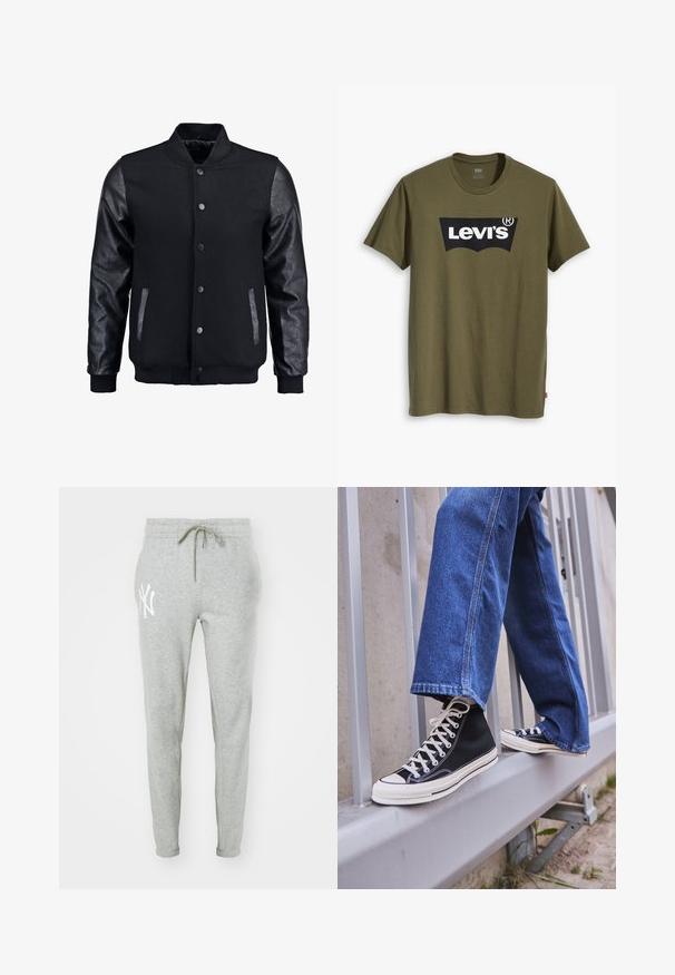 Svart bomberjacka med ullkropp och lädersleeves. Har en stående krage, framknappar med tryckknappar och sidofickor. Enfärgad utan mönster.; Olivgrön bomullst-shirt med en stor svart Levi's-logotyp i en kontrasterande halvbåge över bröstet. Normal passform.; Grå sweatpants i mjukt tyg med avsmalnande passform. Har en elastisk midja med dragsko och en vit logotyptryck på vänster lår.; Svarta högskurna sneakers med vit sula och snören, tillsammans med lösa blå jeans, vilande på ett grått räcke.