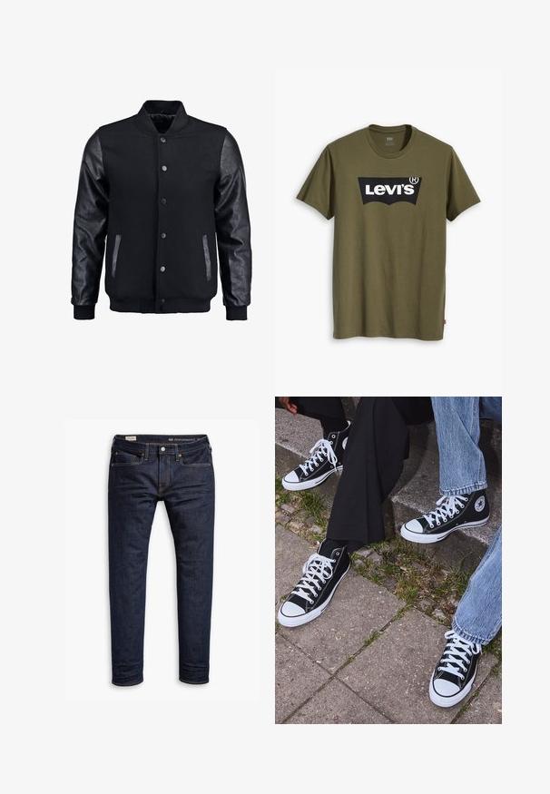 Black bomber jacket with wool body and leather sleeves. Features a standing collar, front snap buttons, and side pockets. Solid color with no patterns.; Levi's® HOUSEMARK GRAPHIC TEE - Print T-shirt - tech olive night; Dark blue denim jeans with a slim fit, featuring orange stitching, five-pocket design, and metal hardware. Smooth texture, no patterns.; Black high-top canvas sneakers with white rubber soles and laces, featuring a circular logo on the side and paired with denim and black pants.