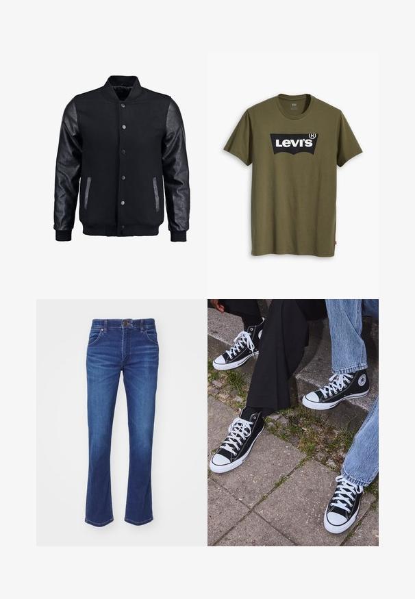 Juodas bomberio tipo švarkas su vilnoniu korpusu ir odinėmis rankovėmis. Savybės: stovintis apykaklė, priekiniai spaudiniai mygtukai ir šoniniai kišenės. Vienodos spalvos, be raštų.; Alyvuogių žalios spalvos medvilniniai marškinėliai, ant krūtinės didelis juodas Levi's logotipas pusiau lankiniu kontrastingu raštu. Reguliarios formos.; Mėlyni džinsiniai šortai su plačiais galais, vidutinio aukščio liemeniu, klasikinio penkių kišenių dizainu ir lygiu paviršiumi; siūlės ir siuvimas yra matomi.; Juoda aukšta avalynė iš kanvos su baltais guminiais padais ir raišteliais, su apvaliu logotipu šone, derinama su džinsais ir juodomis kelnėmis.
