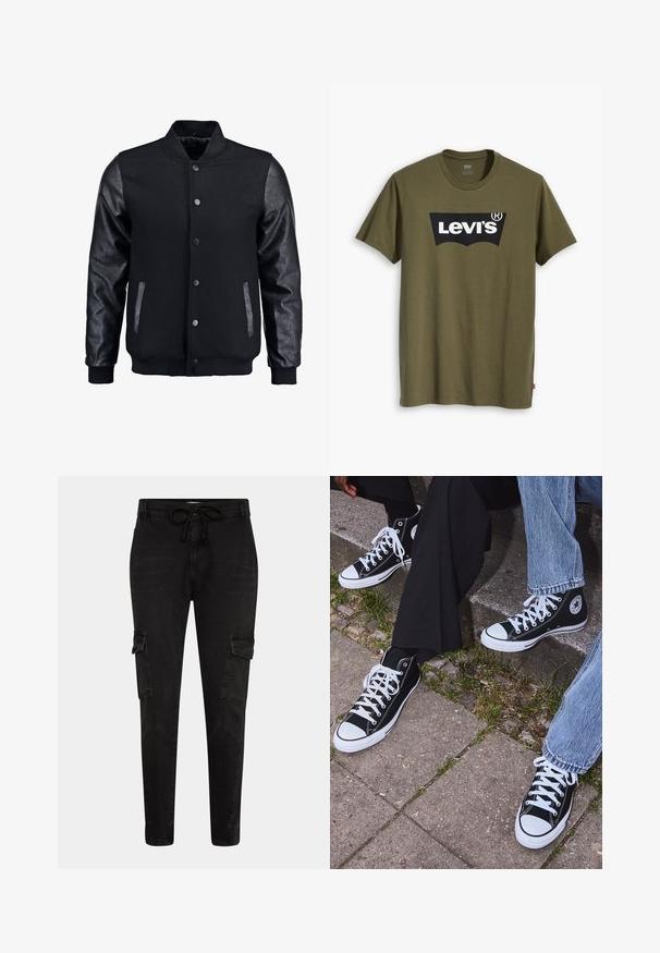 Mustmust on musta jope, millel on villane keha ja nahkvarrukad. Omab seisvat kraed, esisiidme nööpe ja küljetaskuid. Ühtlane värv, ilma mustriteta.; Õliva rohelise puuvillase T-särgiga, millel on suur must Levi'si logo kollase poolkaarekujulisena üle rinna. Regulaarne lõige.; Mustad mustad teksapüksid, millel on reguleeritav vöökoht, kitsenevad jalad ja küljetaskud klappidega hoidmiseks.; Mustad musta värvi kõrged kanvasist tossud valgete kummitaldade ja nööridega, külgedel ringikujuline logo ning kombineeritud denimist ja mustade pükstega.