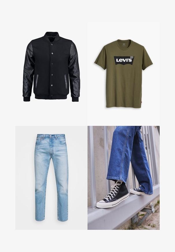 Mustmust on musta jope, millel on villane keha ja nahkvarrukad. Omab seisvat kraed, esisiidme nööpe ja küljetaskuid. Ühtlane värv, ilma mustriteta.; Õliva rohelise puuvillase T-särgiga, millel on suur must Levi'si logo kollase poolkaarekujulisena üle rinna. Regulaarne lõige.; Heledad sinine teksapükste sirge lõikega, viie taskuga disain, nööpkinnitus ja kerged hõõrdumise mustrid kangal.; Mustad mustade kõrgete tossudega, millel on valge tallaga ja valged paelad, koos vaba sinise denimidega, mis puhkavad hallil piiridel.