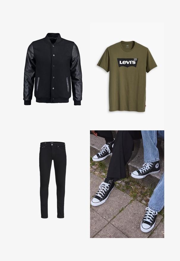 Czarna kurtka bombowca z wełnianym korpusem i skórzanymi rękawami. Posiada stójkę, zapięcie na napy z przodu i boczne kieszenie. Jednolity kolor, bez wzorów.; Bawełniany t-shirt w oliwkowej zieleni z dużym czarnym logo Levi's w kontrastowym, półokrągłym kształcie na piersi. Regularny krój.; Czarne, dopasowane dżinsy wykonane z denimu, z klasycznym pięcio-kieszeniowym wzorem, szlufkami na pasek oraz zapięciem na zamek błyskawiczny z guzikiem.; Czarne wysokie trampki z kanwy z białymi gumowymi podeszwami i sznurówkami, z okrągłym logo z boku, w zestawie z dżinsami i czarnymi spodniami.