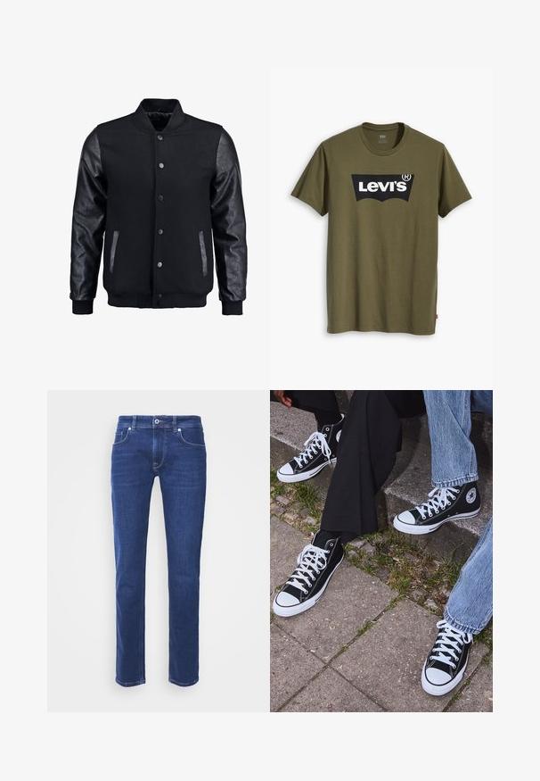 Juodas bomberio tipo švarkas su vilnoniu korpusu ir odinėmis rankovėmis. Savybės: stovintis apykaklė, priekiniai spaudiniai mygtukai ir šoniniai kišenės. Vienodos spalvos, be raštų.; Alyvuogių žalios spalvos medvilniniai marškinėliai, ant krūtinės didelis juodas Levi's logotipas pusiau lankiniu kontrastingu raštu. Reguliarios formos.; Tamsiai mėlyni džinsai su tiesiu kirpimu, penkios kišenės, diržo kilpos ir priekinis mygtukas bei užtrauktukas. Lygi tekstūra su subtiliu siuvinėjimu.; Juoda aukšta avalynė iš kanvos su baltais guminiais padais ir raišteliais, su apvaliu logotipu šone, derinama su džinsais ir juodomis kelnėmis.