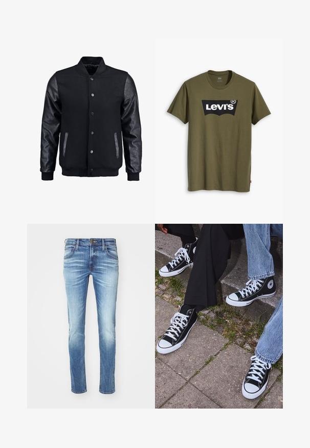 Melns bomber jakas ar vilnas korpusu un ādas piedurknēm. Iespējas ar stāvošu apkakli, priekšējiem pogām un sānu kabatām. Vienkrāsains, bez rakstiem.; Olivzaļš kokvilnas T-krekls ar lielu melnu Levi's logotipu kontrastējošā pusloka formā krūtīs. Parasts piegriezums.; Gai zila džinsa bikses ar izbalējušu dizainu, taisna kāju griezuma, piecu kabatu stilu, metāla poga aizdarei un kontrastējošām šuvēm.; Melni augstie kanvas sporta apavi ar baltām gumijas zolemi un šņorēm, ar apļa logotipu sānos, kombinēti ar džinsu un melnām biksēm.