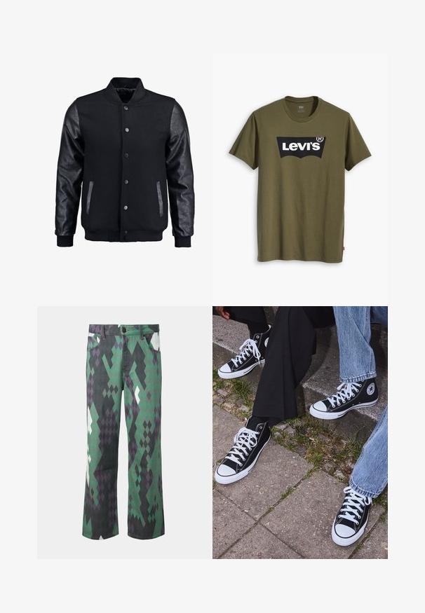 Jachetă bomber neagră cu corp din lână și mâneci din piele. Dispune de un guler în picioare, nasturi pe partea din față și buzunare laterale. Culoare solidă, fără modele.; Tricou din bumbac verde măsliniu, cu un logo mare Levi's negru într-o formă semi-arcuată contrastantă pe piept. Croială regulară.; Jeans din bumbac cu croiala largă, decorate cu un model geometric în diamante de culoare verde, negru și mov, dotate cu închidere cu button și bucle pentru curea.; Sneakers negre din pânză până la glezne cu tălpi și șireturi albe, având un logo circular pe lateral și purtate cu blugi și pantaloni negri.