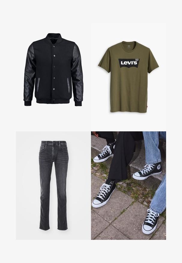 Černá bomber bunda s tělem z vlny a koženými rukávy. Má stojací límec, přední zacvakávací knoflíky a boční kapsy. Jednoduchá barva bez vzorů.; Bavlněné tričko olivově zelené barvy s velkým černým logem Levi's v kontrastním půlkruhovém tvaru přes hrudník. Standardní střih.; Tmavě šedé džíny se rovnými nohavicemi, s jemným vyblednutím a pěti kapsami. Mají zapínání na knoflík a zip.; Černé kanvasové tenisky s vysokým střihem, bílé gumové podrážky a tkaničky, s kulatým logem na boku a spárované s džíny a černými kalhotami.