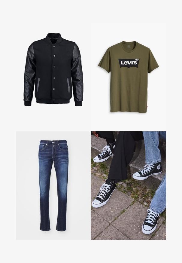 Svart bomberjacka med ullkropp och lädersleeves. Har en stående krage, framknappar med tryckknappar och sidofickor. Enfärgad utan mönster.; Olivgrön bomullst-shirt med en stor svart Levi's-logotyp i en kontrasterande halvbåge över bröstet. Normal passform.; Mörkblå denimjeans med rak passform, fem fickor, knappstängning och subtila blekningar längs låren.; Svarta högtopps kanvasskor med vita gummisulor och snören, med en cirkulär logotyp på sidan och kombinerade med jeans och svarta byxor.