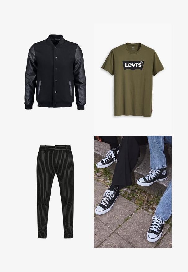 Fekete bomber dzseki gyapjú testtel és bőr ujjal. Jellemzője a felálló gallér, elöl gombos záródás, valamint oldalsó zsebek. Egyszínű, mintázat nélkül.; Olívazöld pamutpóló, melyen egy nagy fekete Levi's logó látható, kontrasztos, félköríves formában a mellkas közepén. Normál szabású.; Fekete csíkos nadrág, függőleges fehér csíkokkal, slim fit kialakítással és gombos záródással, övlyukakkal a méret állíthatóságáért.; Fekete magas szárú vászon sportcipők fehér gumi talppal és fűzőkkel, az oldalukon kör alakú logóval, farmernadrággal és fekete nadrággal párosítva.