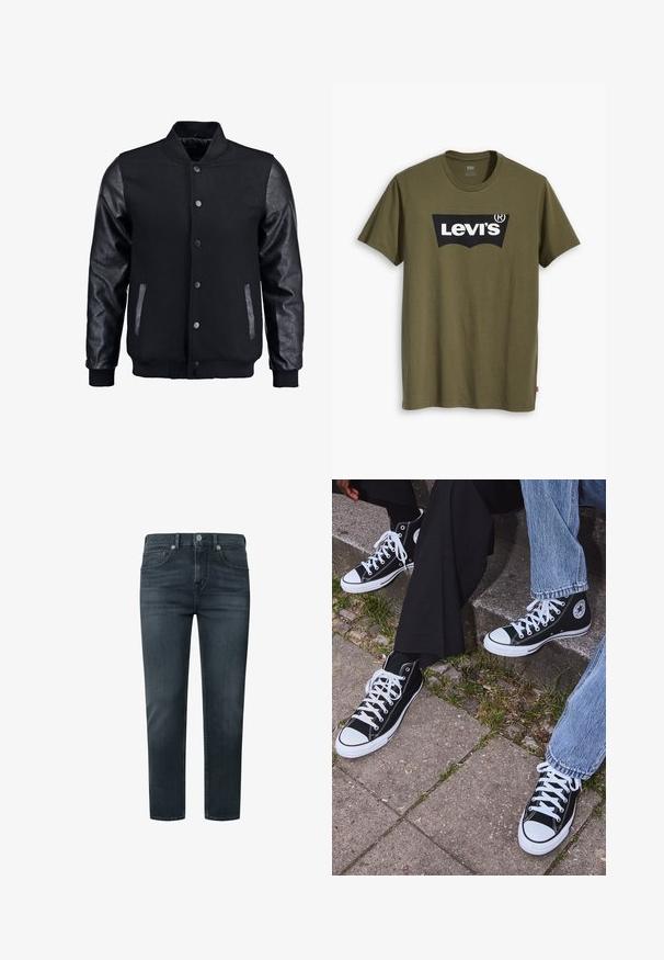 Juodas bomberio tipo švarkas su vilnoniu korpusu ir odinėmis rankovėmis. Savybės: stovintis apykaklė, priekiniai spaudiniai mygtukai ir šoniniai kišenės. Vienodos spalvos, be raštų.; Alyvuogių žalios spalvos medvilniniai marškinėliai, ant krūtinės didelis juodas Levi's logotipas pusiau lankiniu kontrastingu raštu. Reguliarios formos.; Tamsiai pilki džinsai su tiesaus kirpimo, penkiomis kišenėmis, mygtuko ir užtrauktuko uždarymu bei subtiliais siuvimo akcentais.; Juoda aukšta avalynė iš kanvos su baltais guminiais padais ir raišteliais, su apvaliu logotipu šone, derinama su džinsais ir juodomis kelnėmis.