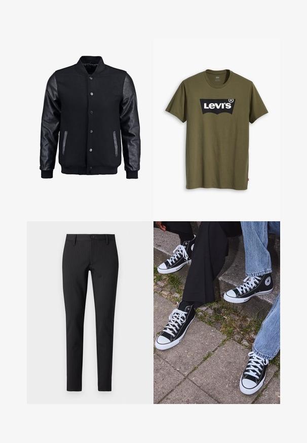 Blouson noir avec corps en laine et manches en cuir. Présente un col montant, des boutons-pression à l'avant et des poches latérales. Couleur unie sans motifs.; T-shirt en coton vert olive avec un grand logo Levi's noir en forme semi-arquée contrastante sur la poitrine. Coupe régulière.; Pantalons à rayures noires avec une coupe plate, ajustée, dotés d'une fermeture boutonnée et de passants de ceinture, fabriqués dans un matériau textile lisse.; Baskets montantes en toile noires avec semelles et lacets en caoutchouc blancs, arborant un logo circulaire sur le côté et associées à un jean et un pantalon noir.