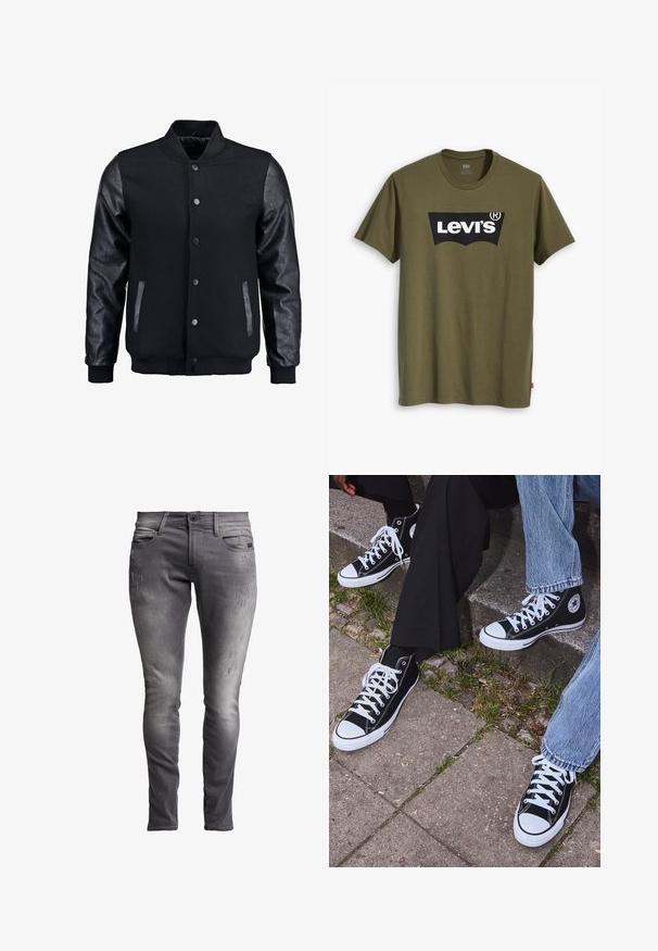 Juodas bomberio tipo švarkas su vilnoniu korpusu ir odinėmis rankovėmis. Savybės: stovintis apykaklė, priekiniai spaudiniai mygtukai ir šoniniai kišenės. Vienodos spalvos, be raštų.; Alyvuogių žalios spalvos medvilniniai marškinėliai, ant krūtinės didelis juodas Levi's logotipas pusiau lankiniu kontrastingu raštu. Reguliarios formos.; Pilki džinsai, siauri, su išblukusiu apdaila, turintys subtilias dėvėjimosi žymes, klasikinį penkių kišenių dizainą ir metalinį mygtuko užsegimą.; Juoda aukšta avalynė iš kanvos su baltais guminiais padais ir raišteliais, su apvaliu logotipu šone, derinama su džinsais ir juodomis kelnėmis.