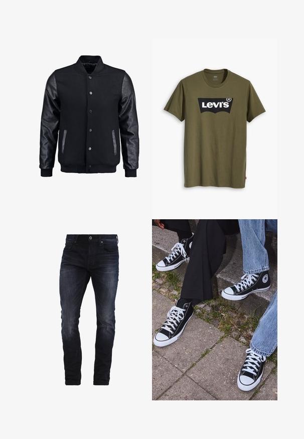 Svart bomberjakke med ullkropp og lærærmer. Har stående krage, fronttrykkknapper og sidelommer. Enfarget uten mønstre.; Olivengrønn bomulls-t-skjorte med en stor svart Levi's-logo i en kontrasterende, halvbuet form over brystet. Normal passform.; Mørkeblå slim-fit jeans med lett falming på lår og knær, med frontlommer, beltehemper og knappelukking.; Sorte høyre sneakers i kanvas med hvite gummisåler og snøringer, med et rundt logo på siden og kombinert med denim og sorte bukser.
