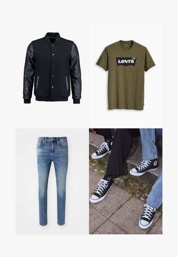 Mustmust on musta jope, millel on villane keha ja nahkvarrukad. Omab seisvat kraed, esisiidme nööpe ja küljetaskuid. Ühtlane värv, ilma mustriteta.; Õliva rohelise puuvillase T-särgiga, millel on suur must Levi'si logo kollase poolkaarekujulisena üle rinna. Regulaarne lõige.; Faded helesinise denim püksid, kitsas lõige, viie taskuga, lukuga ja metallist nupuga vöökohal.; Mustad musta värvi kõrged kanvasist tossud valgete kummitaldade ja nööridega, külgedel ringikujuline logo ning kombineeritud denimist ja mustade pükstega.