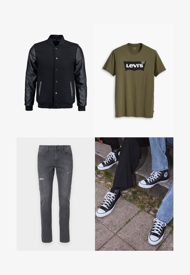 Svart bomberjakke med ullkropp og lærærmer. Har stående krage, fronttrykkknapper og sidelommer. Enfarget uten mønstre.; Olivengrønn bomulls-t-skjorte med en stor svart Levi's-logo i en kontrasterende, halvbuet form over brystet. Normal passform.; Mørkegrå denim jeans med slim fit, med slitte detaljer og fem lommer. Klassisk design med subtil falming og lige ben.; Sorte høyre sneakers i kanvas med hvite gummisåler og snøringer, med et rundt logo på siden og kombinert med denim og sorte bukser.